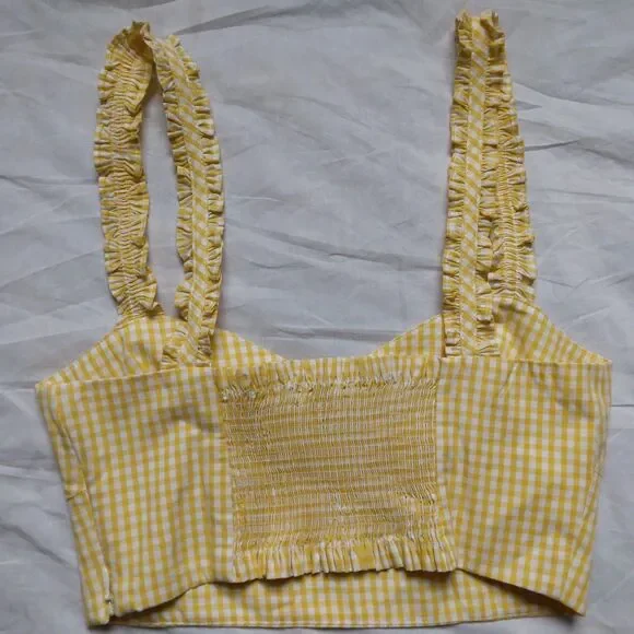 Zara Cropped Yellow White Gingham Tank Top Western Daisy Duke Boho Womens Small - Picture 8 of 12